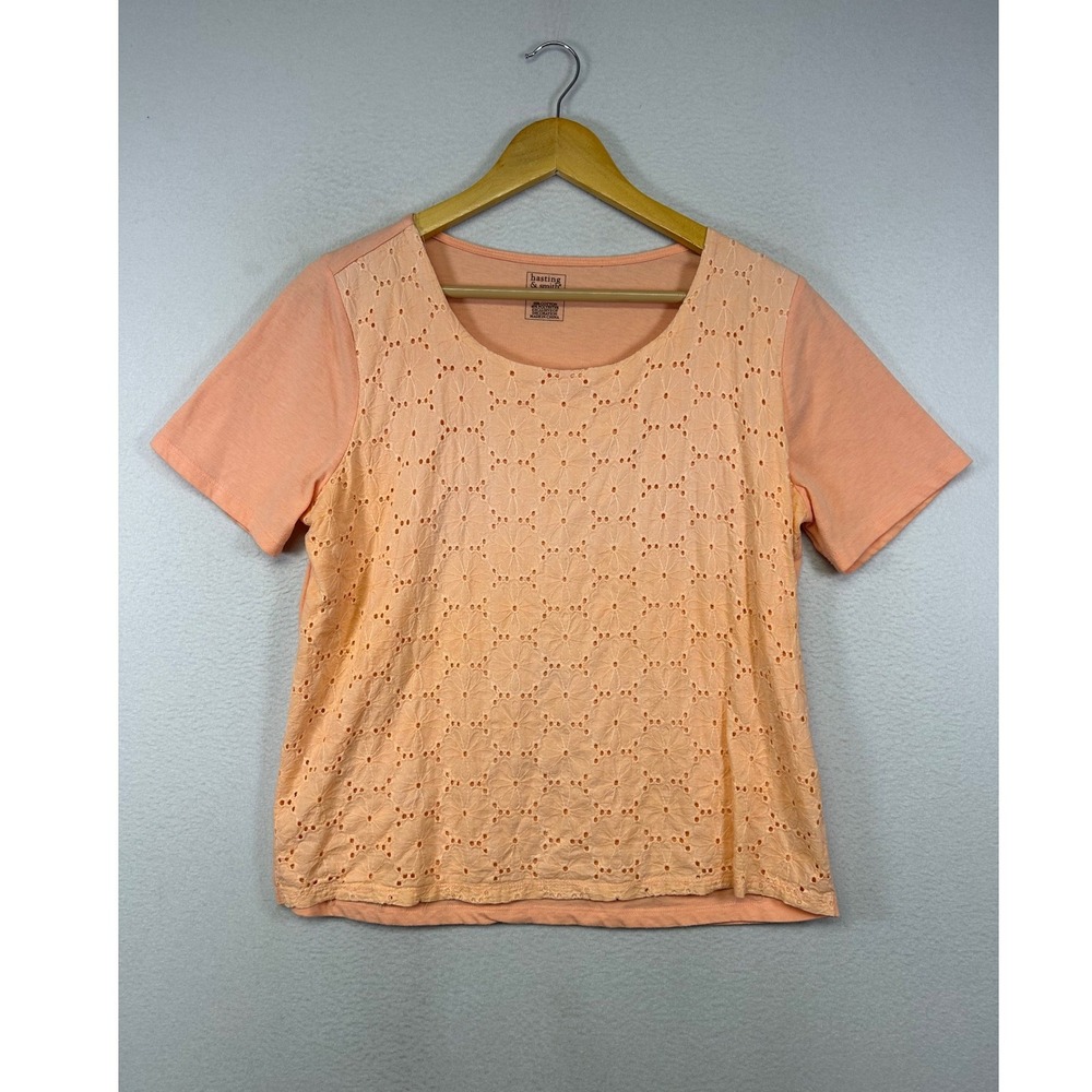 Cottagecore Hasting & Smith Womens PL Peach Eyelet Lace Front Scoop Neck Tee Top